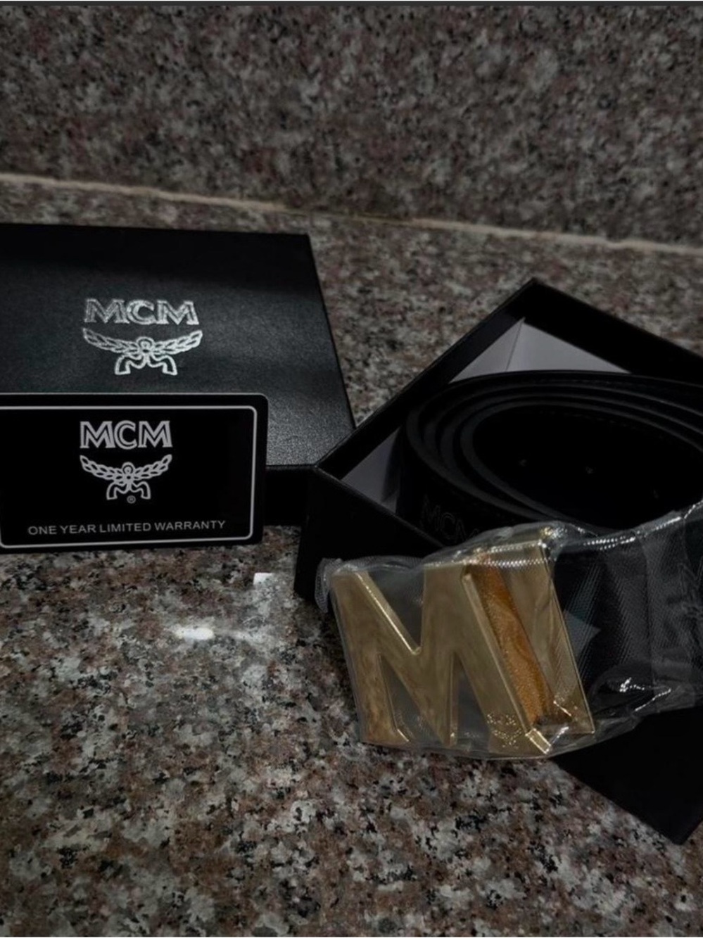 MCM Black Leather Belt with Gold M Logo Buckle